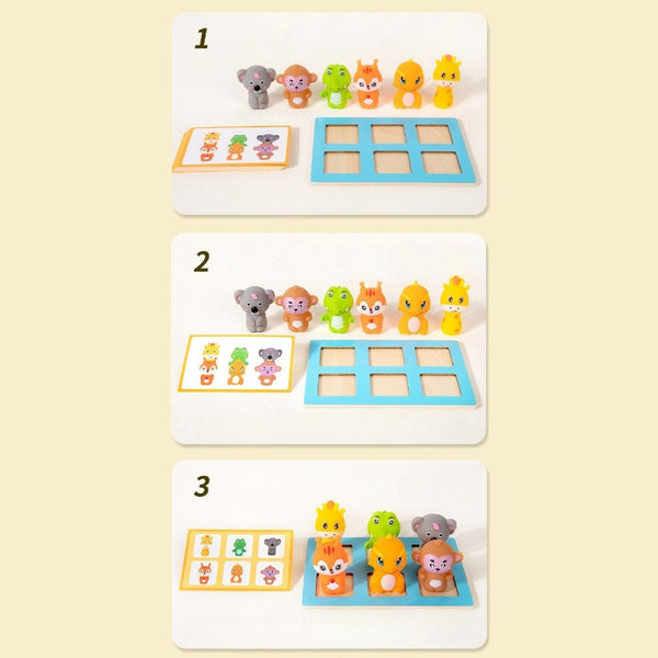 Educational game with animal figurines and number cards on a beige background