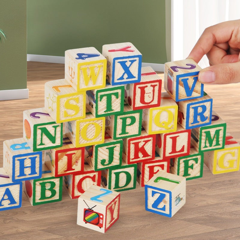 Classic Wooden ABC & Picture Blocks with Storage Box (27 Pcs)