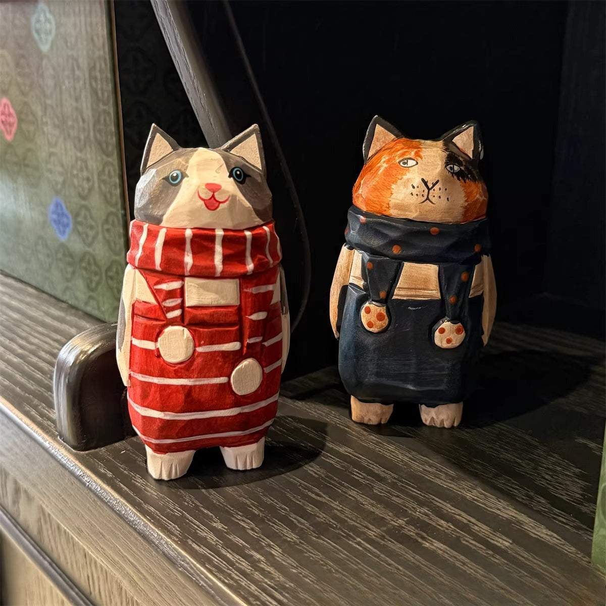 Hand-Carved Wooden Cat Desktop Ornament