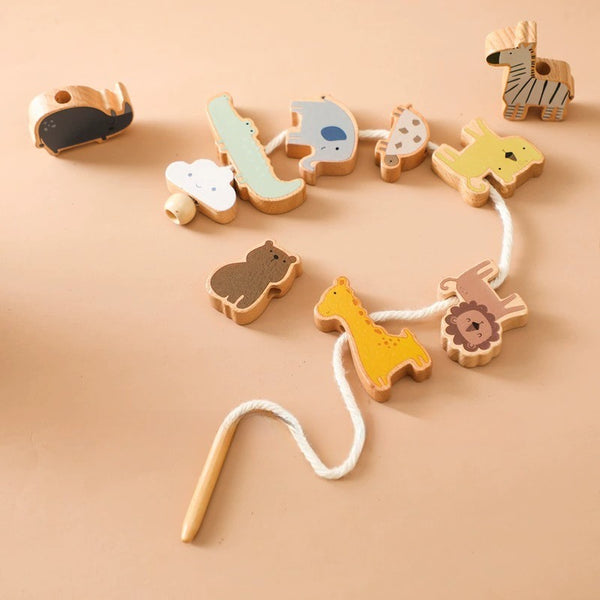 Natural Wood Threading and Stacking Toy Set