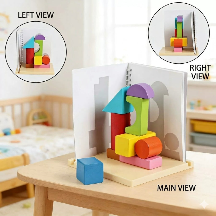 Colorful geometric blocks on a book with views from left, right, and main angles in a child's room.