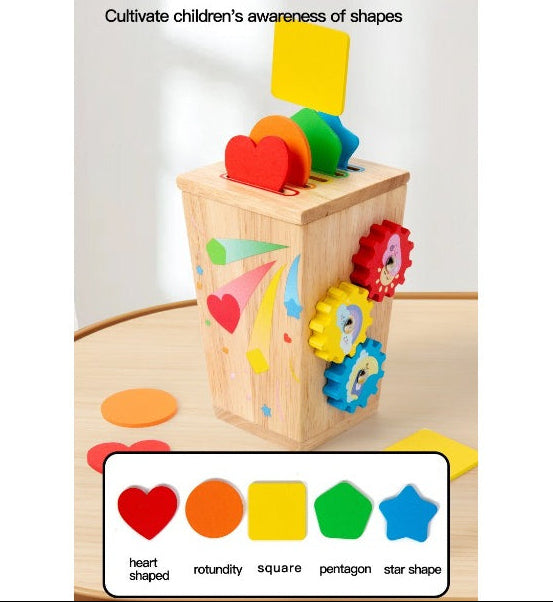 Wooden shape sorting toy with colorful shapes on a white background