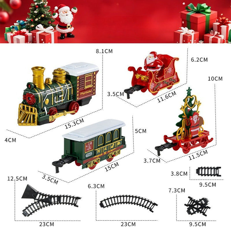 Christmas-themed toy train set with measurements on a red background
