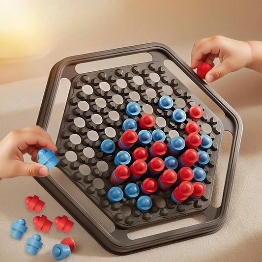Board game with red and blue pieces on a beige surface