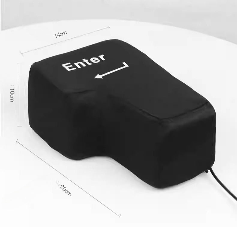 Black cushion shaped like a computer enter key with measurements on a white background