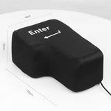 Black cushion shaped like a computer enter key with measurements on a white background