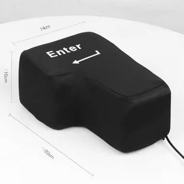 Black cushion shaped like a computer enter key with measurements on a white background