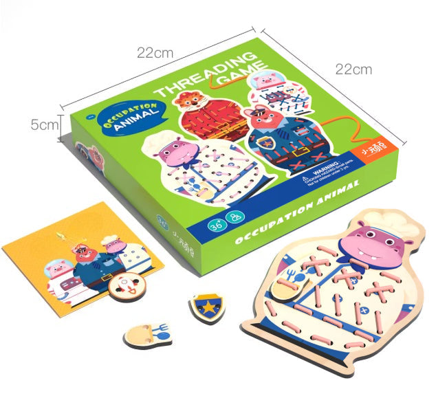 Children's threading game with wooden animal figures and cards on a white background