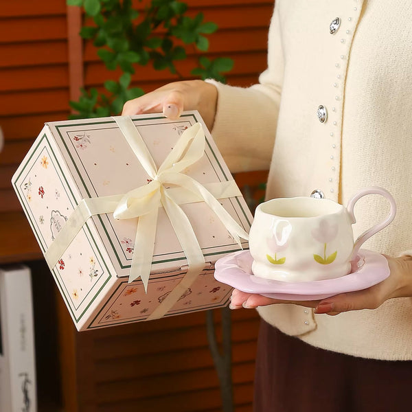 Purple Tulip Ceramic Coffee Cup and Saucer Set