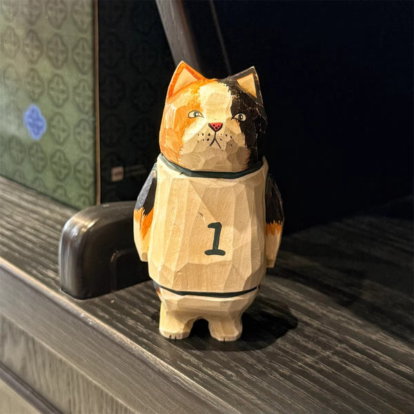 Hand-Carved Wooden Cat Desktop Ornament
