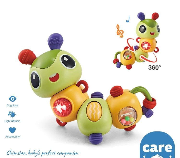Colorful toy caterpillar with interactive features on a white background, featuring the Care brand.