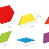 Blue box of pattern blocks with colorful geometric shapes on a white background