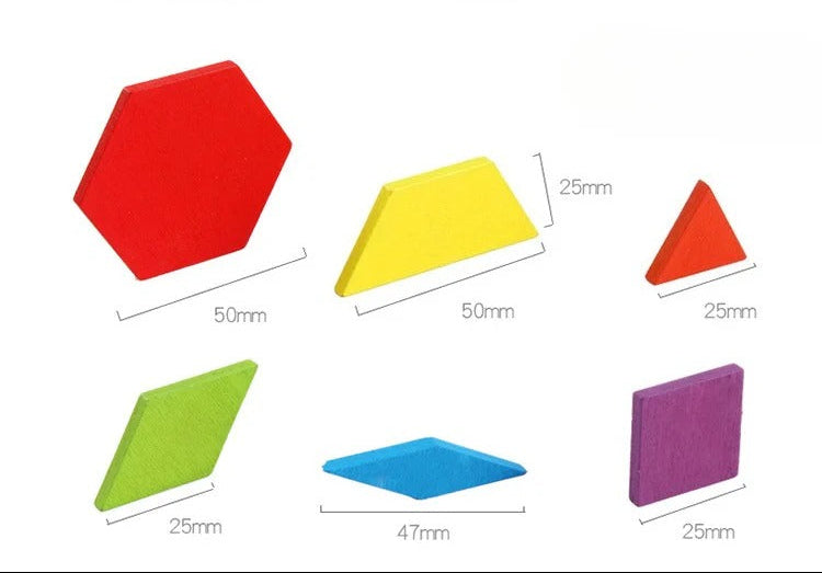 Blue box of pattern blocks with colorful geometric shapes on a white background