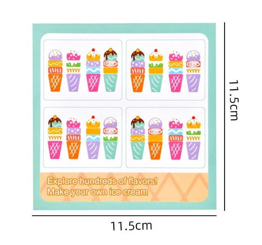 Colorful wooden ice cream toy set with measurements on a white background
