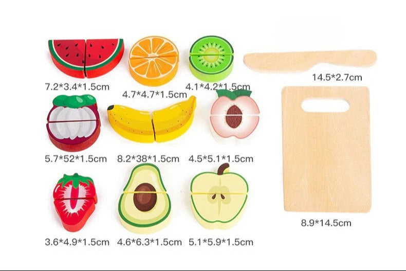 Set of wooden toy food pieces with dimensions displayed