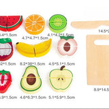Set of wooden toy food pieces with dimensions displayed