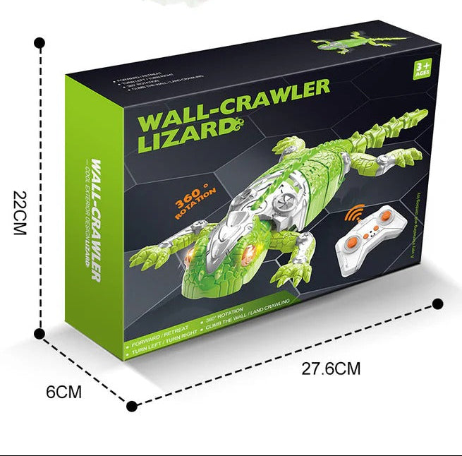Wall-crawling lizard toy with dimensions and packaging displayed