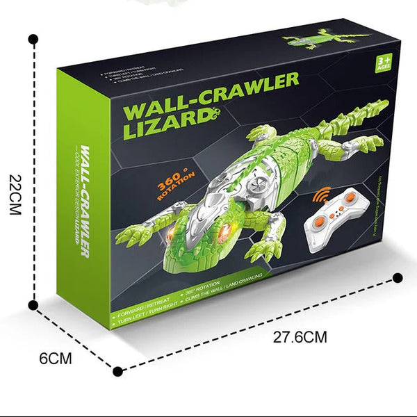 Wall-crawling lizard toy with dimensions and packaging displayed
