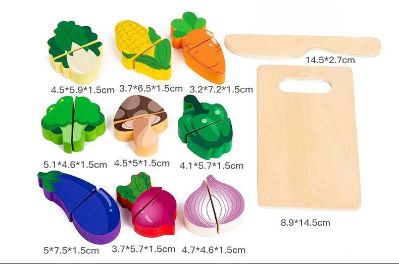 Wooden toy food pieces and cutting boards with measurements on a white background