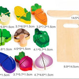 Wooden toy food pieces and cutting boards with measurements on a white background