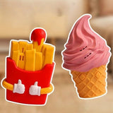 Silicone phone case shaped like a container of fries and an ice cream cone on a blurred background.