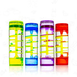 Four colorful cylindrical containers with transparent centers on a white background