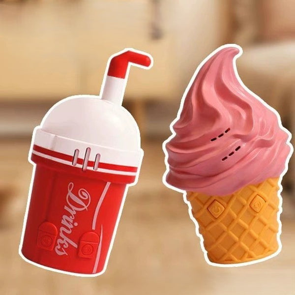 Red and white cup with straw and pink ice cream cone on a blurred background