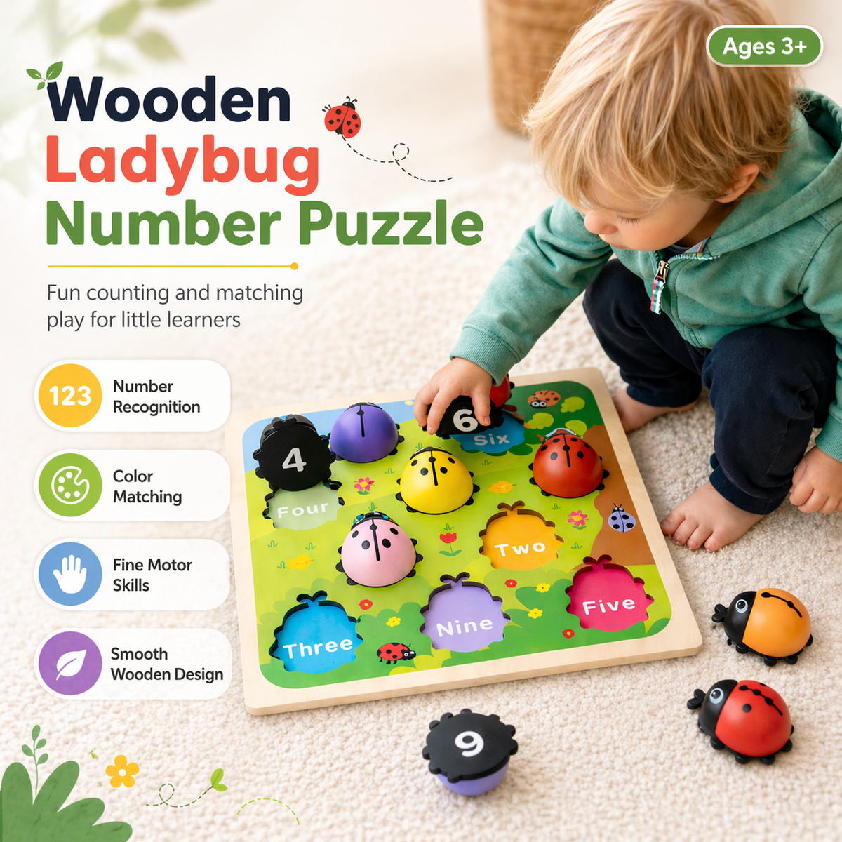 Ladybug number matching puzzle for preschool counting and color learning